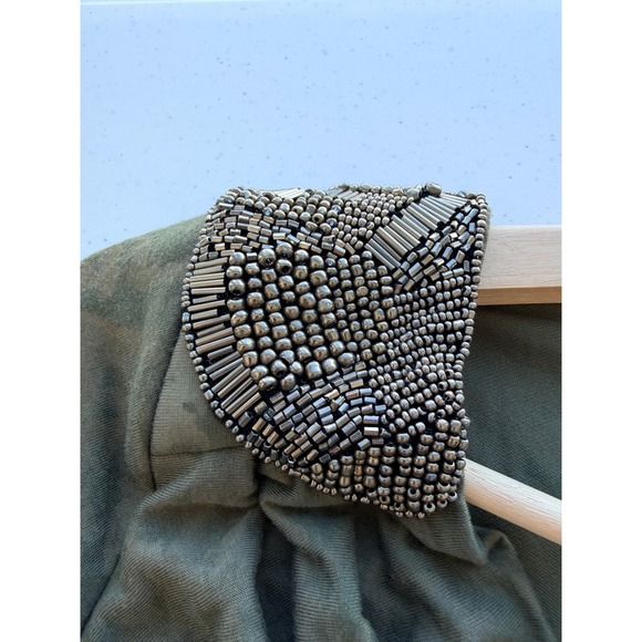 INC Ruched Camo Dress M Utility Chic Olive Green Beaded Cowl Neck Midi Dress - Picture 3 of 8